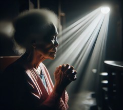 An old woman prays fervently with folded hands, Symbolic image believing, religious, prayer, AI