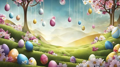 Surreal Easter scene with floating eggs, ribbons, and flowers in a dreamlike, whimsical composition