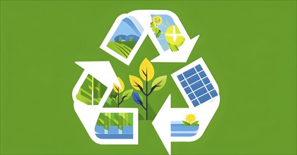 Recycling symbol morphing into growing plants and solar cells to symbolize the transformation of