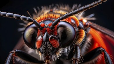 Macro of a housefly (Musca domestica) with detailed wings, large red compound eyes, and the fine