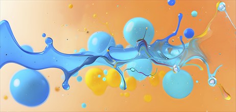 Abstract wallpaper with colorful turquoise and yellow blobs and liquid shapes on a orange