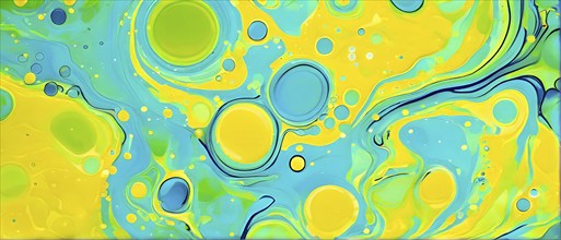 Abstract wallpaper with colorful blobs and liquid shapes on a green background, AI generated