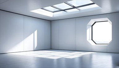 Three dimensional rendering of a futuristic empty room with skylights, AI generated