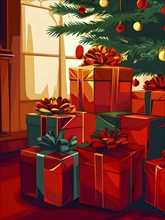 Abstract illustration of wrapped Christmas gifts, shiny ribbons and bows, stacked under a evergreen