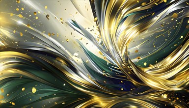 Abstract Illustration of energetic and dynamic swirl of gold, silver, and deep green hues,