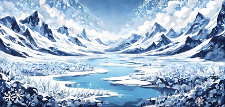 Abstract illustration of dreamy, icy landscape with swirling blues, whites, and silvers, evoking