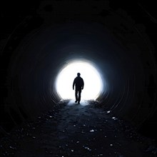 Silhouette of a man at a tunnels entrance with a stark contrast, AI generated