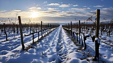 AI generated winter in the vineyard with snow blankets dormant vines and ambient light