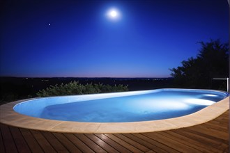 AI generated empty wooden deck with swimming pool illuminated at night