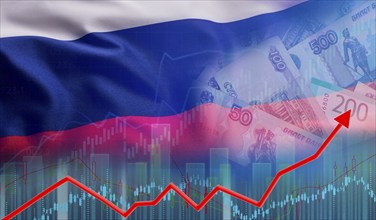 Russia financial growth concept, economic recovery. Growth of the Russian economy on the financial