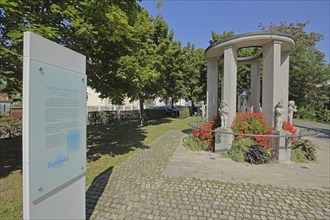 Mineral water Hassia Sprudel fountain, healing spring, info text, info board, inscription, columns,