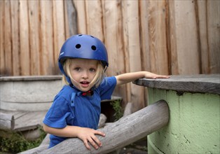 Little girl, 3 years, blonde, helmet, helmet, playing, adventure playground, playground, Stuttgart,