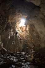 Cave entrance with long ladder, entrance to a stalactite cave, Terciopelo Cave, Barra Honda