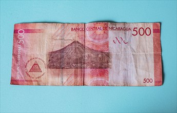 500 Nicaraguan cordobas bill on isolated background. Banknote of 500 Nicaraguan cordobas isolated