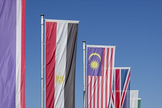 International flags flying on masts against a clear blue sky on a sunny day, Malaysian flag,