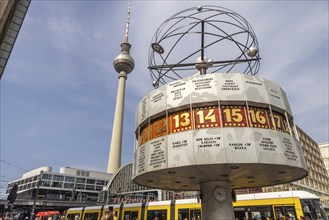 Alexanderplatz railway station with world clock and television tower, a striking landmark in East