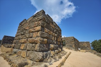 Ancient ruined wall under a clear blue sky, Palaiokastro, Ancient fortress, 3rd and 4th century BC,