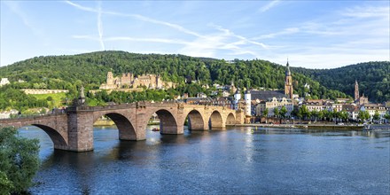 Castle, Neckar River and Old Bridge Panorama in Heidelberg, Germany, Europe