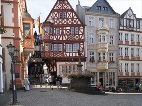 The historic Bernkastel market square with St Michael's Fountain, Bernkastel-Kues, Moselle,