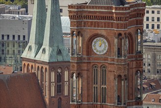 City view. View of the Rotes Rathaus and the towers of the Nikolaikirche. Berlin, Germany, Europe