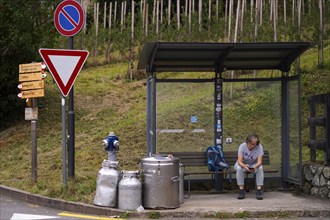 Elderly woman, best ager, with backpack, sitting at bus stop, using smartphone, mobile phone, bus