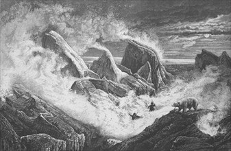 Snowstorm in the pack ice on a winter night in 1873, Polar bear. Barents Sea, Arctic,