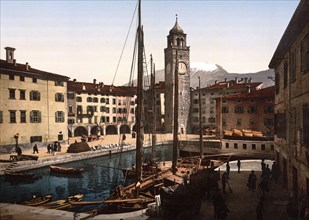 The harbour, Riva, Lake Garda, Italy, Historical, digitally restored reproduction from a 19th