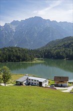 Restaurants at Lautersee, Karwendel Mountains, Alps, Mittenwald, Werdenfelser Land, Upper Bavaria,