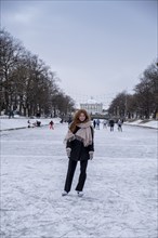 Ice skaters on the Nymphenburg Palace Canal, Nymphenburg in winter, Munich, Upper Bavaria, Bavaria,