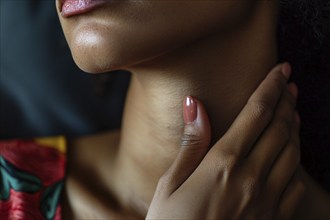 Close up of black woman holding hand to throat. Generative AI, AI generated