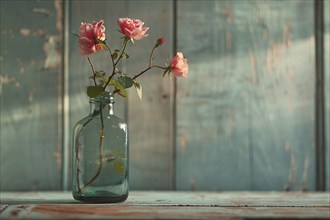 Glass vase with pink rose flowers. Genertaive AI, AI generated