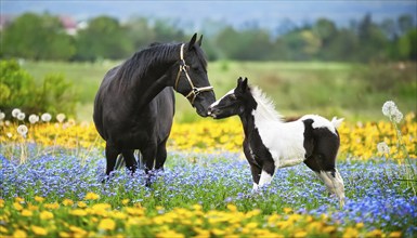 A black stallion and a foal, studio, AI generated