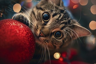 Cute tabby cat with red Christmas tree bauble. Generative AI, AI generated