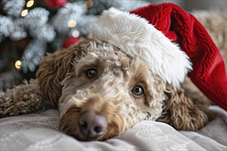 Cute Poodle dog with red santa hat in front of christmas tree. Generative Ai, AI generated