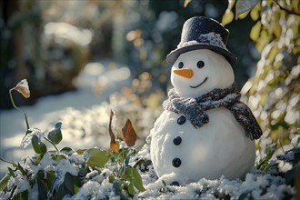 Snowman with carrot nose and top hat in garden covered in snow in winter. Generative Ai, AI