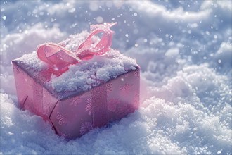 Single pink Christmas gift with snowflakes in snow. Generative AI, AI generated