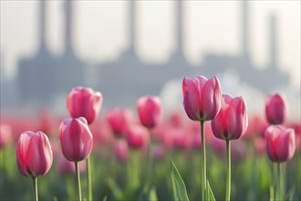 Field with pink tulip flowers and factory with grey fumes in background. Generative Ai, AI