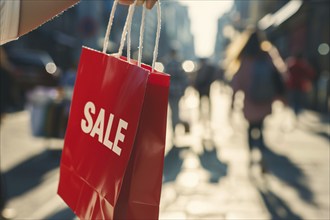 Red shopping bag with white text 'SALE' carried by person in city street. Generative Ai, AI