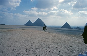 Cheops, Chephren and Mykerinos pyramid, camel, rider, travel guide, Giza, Cairo, Egypt, September