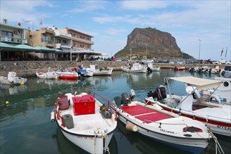 Harbour with fishing boats and view of Monemvasia rocks, Gefira, Monemvasia, Monemvassia,