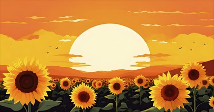 Abstract illustration of a field of sunflowers backlight with beautiful sunrise, AI generated