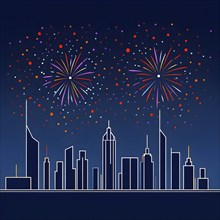 Minimalist, geometric skyline at night, with subtle fireworks in the sky, represented by colorful