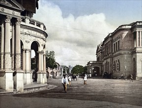 Singapore, Singapore Club and Post Office, Historic, digitally restored reproduction from a 19th