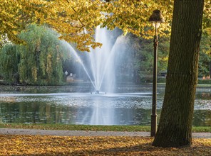 Autumn foliage, colourful trees, fountain in pond, park Französischer Garten (French Garden),