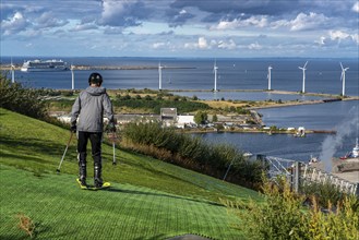 CopenHill, waste incineration plant and artificial ski slope, skiing with a view of the Øresund, 90