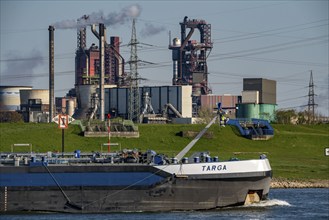 Rhine at Duisburg Bruckhausen, Thyssenkrupp Steel steelworks, blast furnaces 8 and 9, cargo ship on