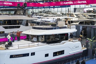 Large yachts, luxury yachts, in Hall 6 of BOOT 2024, the world's largest yacht and water sports