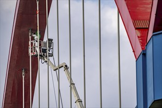 A42 motorway bridge, over the Rhine-Herne Canal, with massive structural damage, workers, with