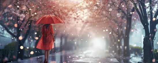 Attractive woman walking down the street with umbrella at sunset, cherry blossoms in the