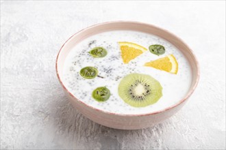 Yogurt with kiwi, gooseberry, chia in ceramic bowl on gray concrete background. Side view, close up